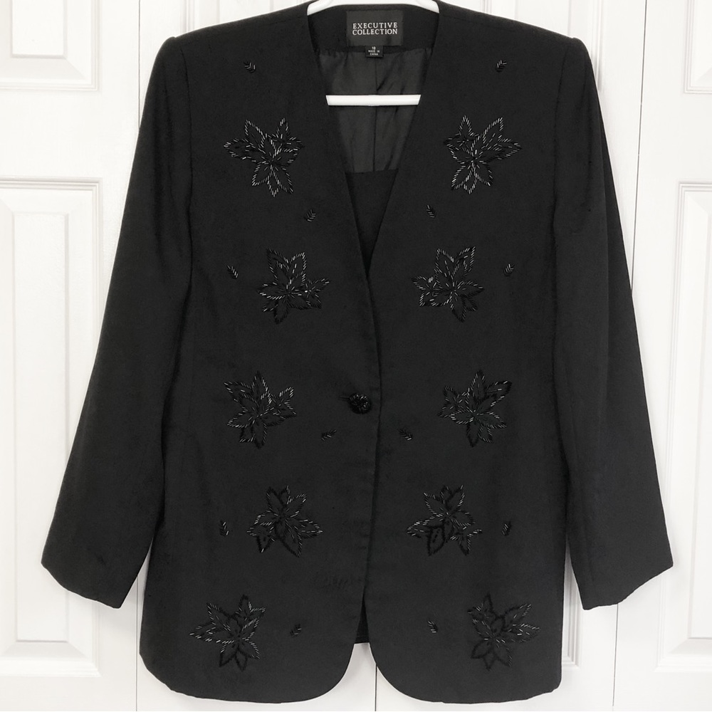 Executive Collection Black Beaded Floral Formal Blazer Suit Jacket 18
